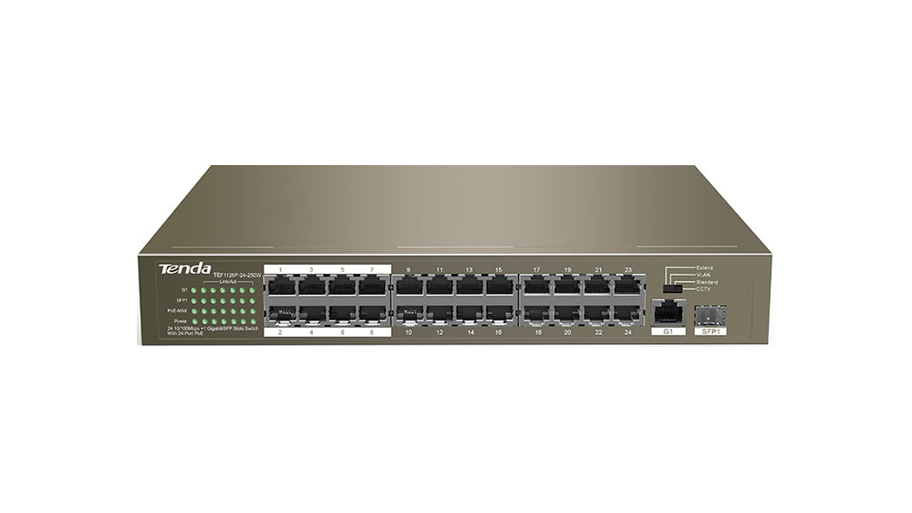 Tenda TEF1126P-24: 24-Port PoE Rackmount Switch with 250W