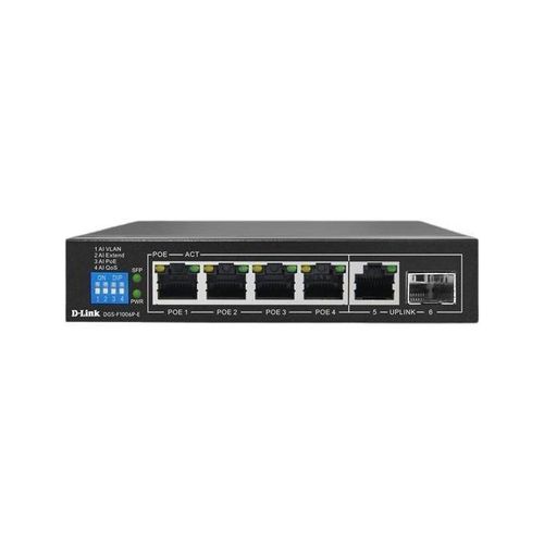 D-Link 250M 6-Port 1000Mbps Switch with 4 PoE Ports and 2 Uplink Ports (DGS-F1006P-E)