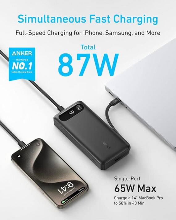 Anker Power Bank (20K, 87W, Built-In Usb-C Cable) Black