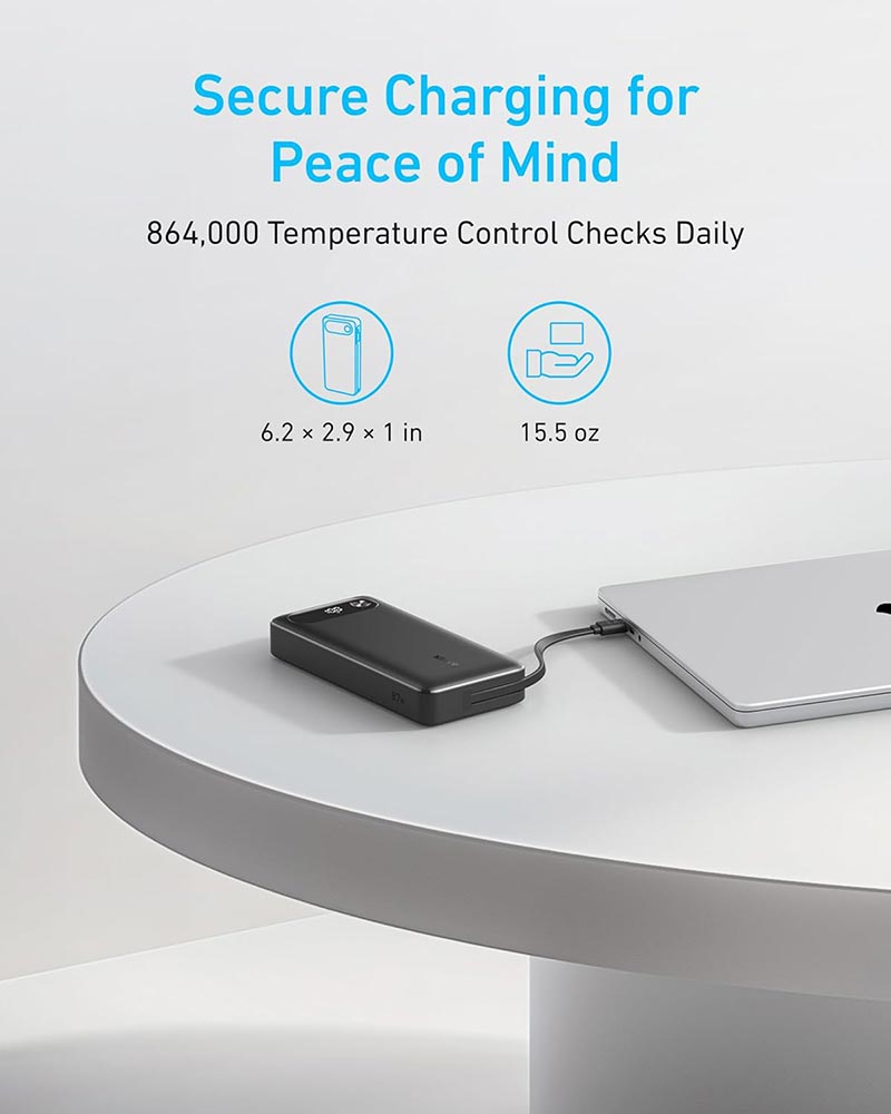 Anker Power Bank (20K, 87W, Built-In Usb-C Cable) Black