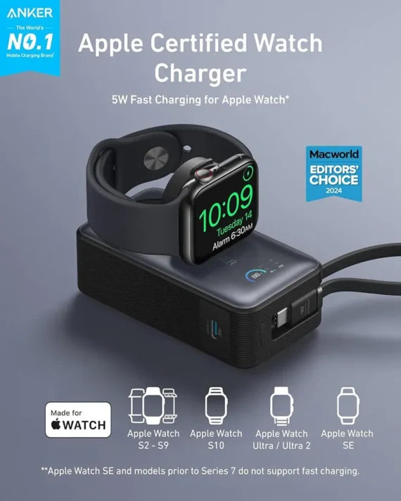 Anker Maggo Power Bank  (10K, 30W, Built-In Usb-C Cable, Made For Apple Watch) Black