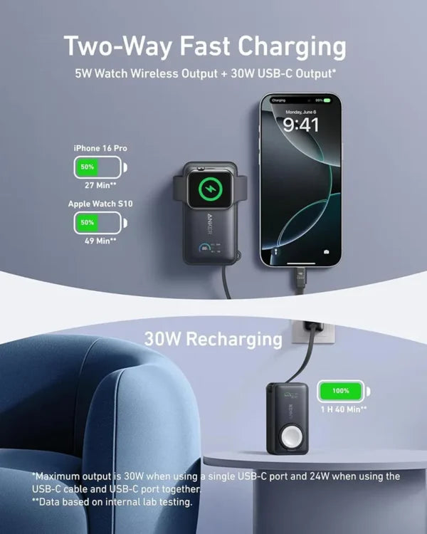 Anker Maggo Power Bank  (10K, 30W, Built-In Usb-C Cable, Made For Apple Watch) Black
