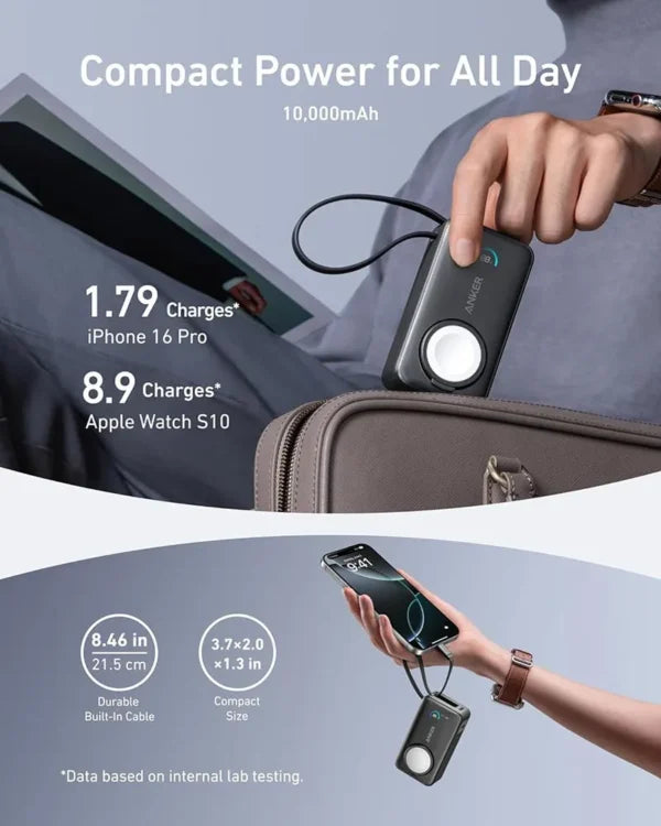 Anker Maggo Power Bank  (10K, 30W, Built-In Usb-C Cable, Made For Apple Watch) Black