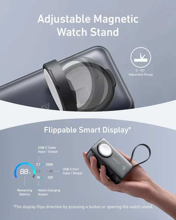Anker Maggo Power Bank  (10K, 30W, Built-In Usb-C Cable, Made For Apple Watch) Black