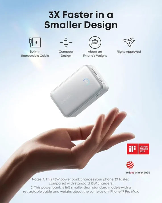 Anker Nano Power Bank (10K, 45W, Built-In Retractable Usb-C Cable) White