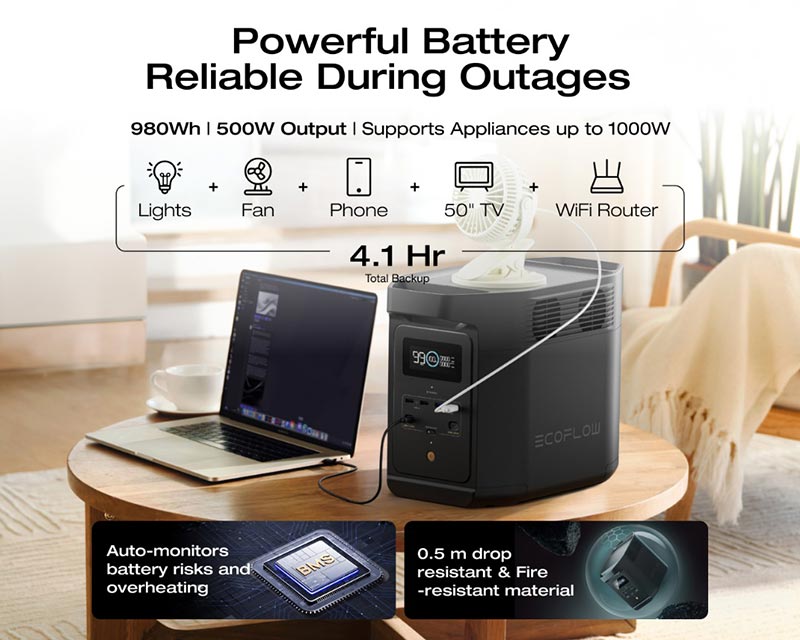 EcoFlow EFE980 - UK (EF-RV-H08-1) Portable Power Station - 980Wh LiFePO4 Battery, 500W Solar Generator + FREE Rechargeable 6-in-1 Fan with LED Lamp