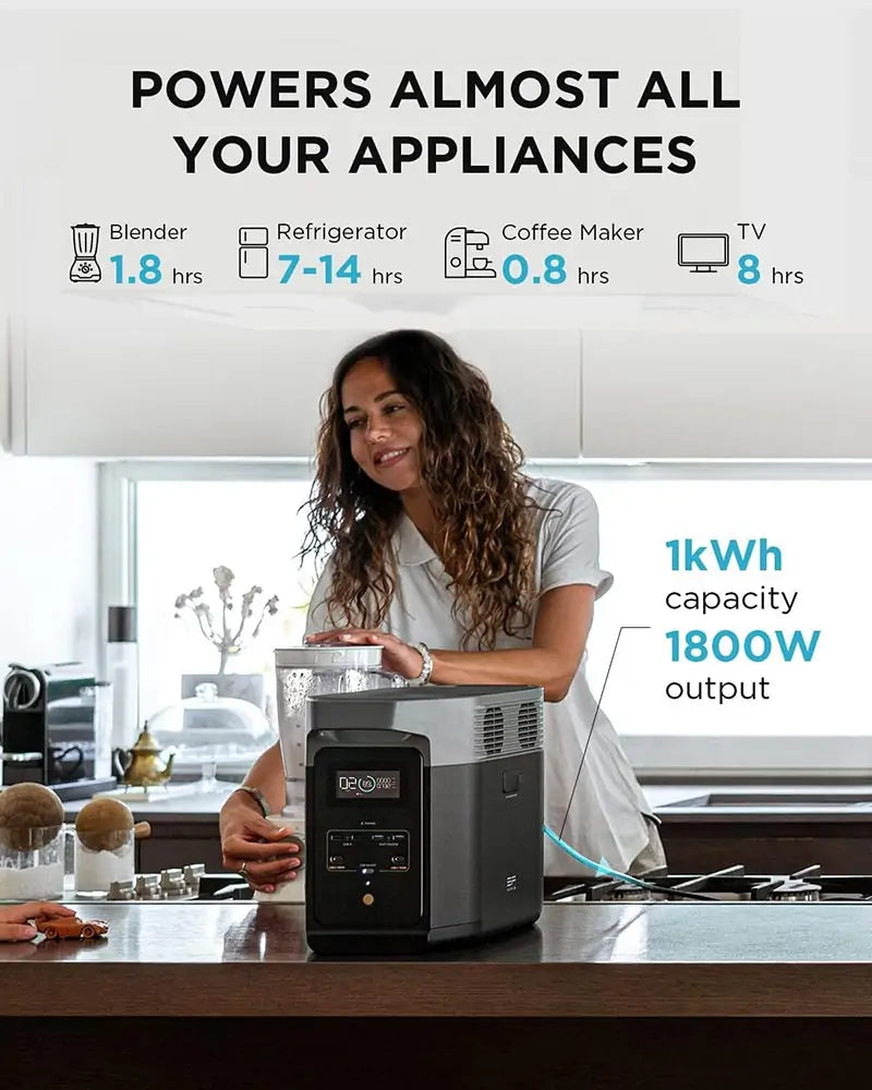 EcoFlow DELTA 2 Portable Power Station ZMR330-UK - 1024Wh LiFePO4 Battery, 1800W Solar Generator with Fast Charging