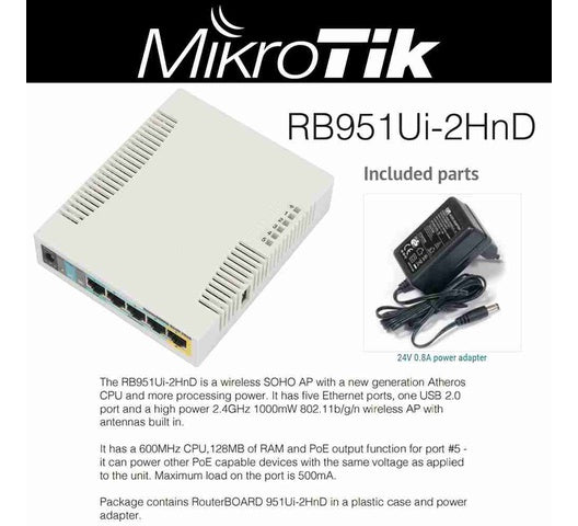 MikroTik RB951Ui-2HnD 2.4GHz Wireless Router with 5 Ethernet Ports & PoE Output
