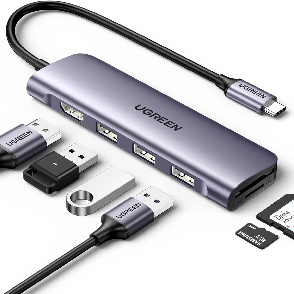 UGREEN 6 in 1  Multifunction Adapter, Type C to USB 3.0 ( 3 Port) + 4K HDMI + SD & TF  Card Reader
