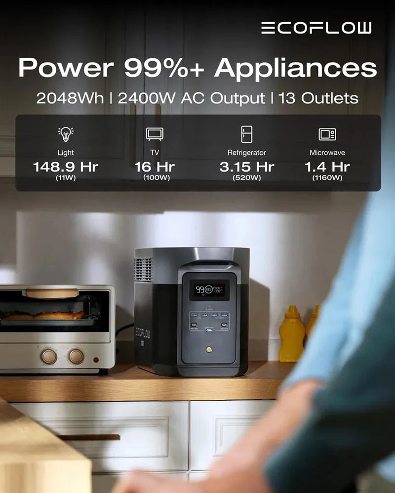 EcoFlow EFE2000-UK Portable Power Station - 2048Wh LiFePO4 Battery, 2400W Solar Generator with Fast Charging